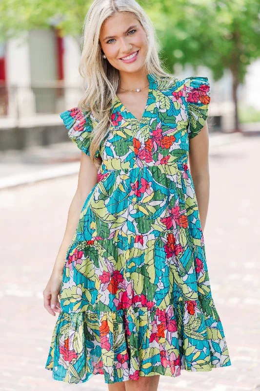 Make It Your Own Green Tropical Tiered Dress