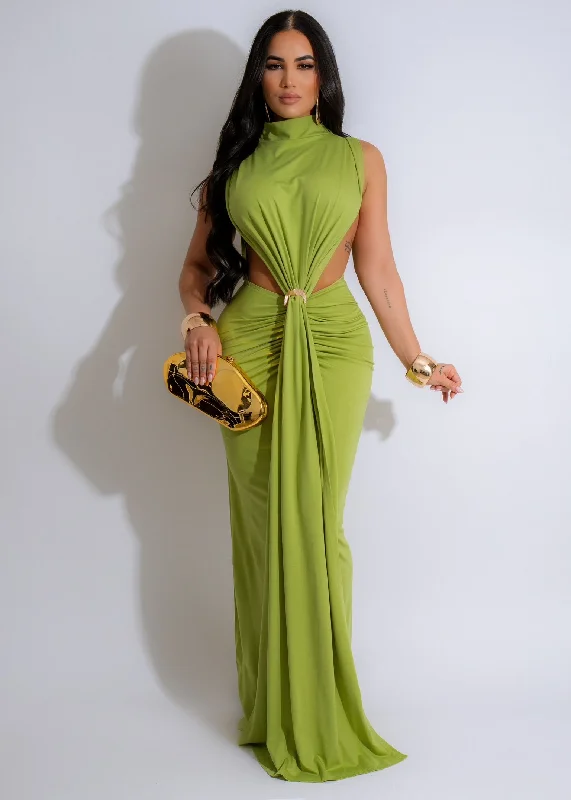 Vibrant Elegance Ruched Maxi Dress Green